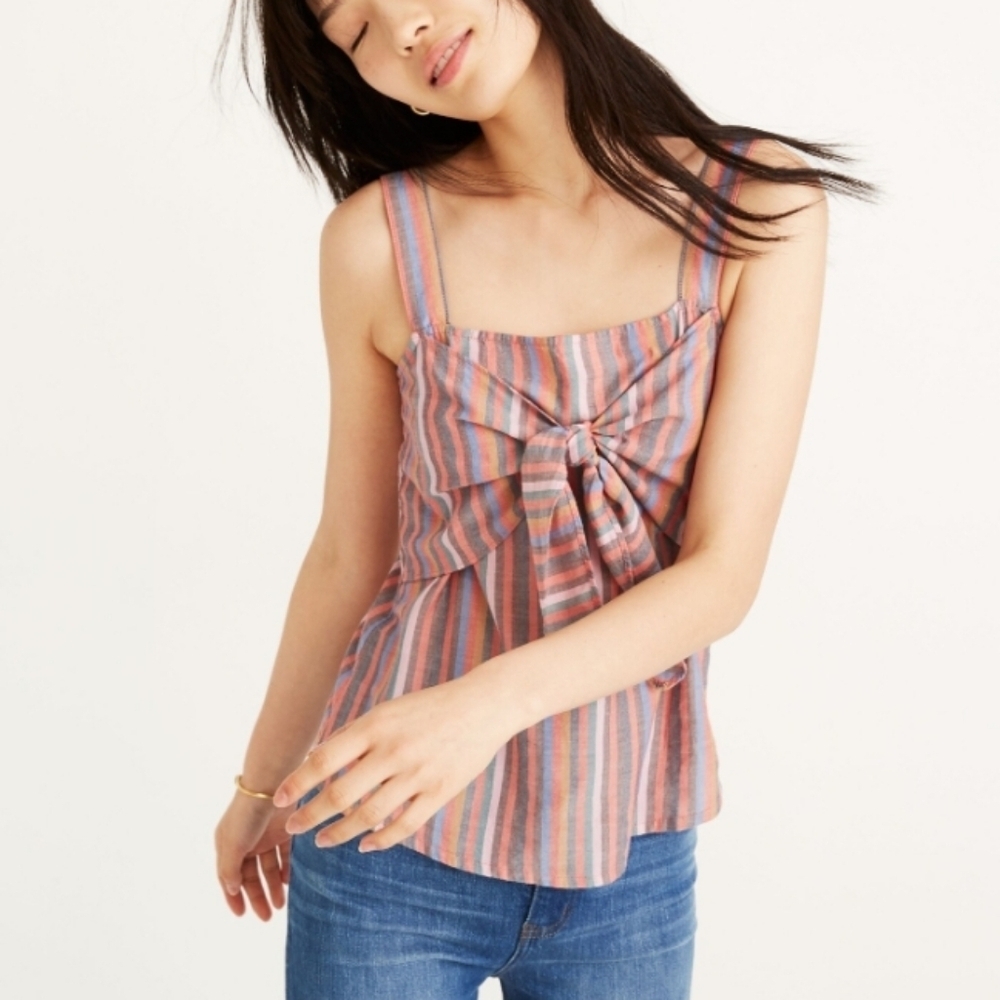 Madewell Women Top Tie-Front Cami in Rainbow Stripe Size 0 zipper on side Cotton